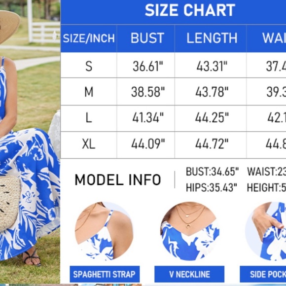 Boho Summer Dresses Floral Sleeveless Spaghetti Strap Maxi Dress with Pockets - Picture 5 of 5